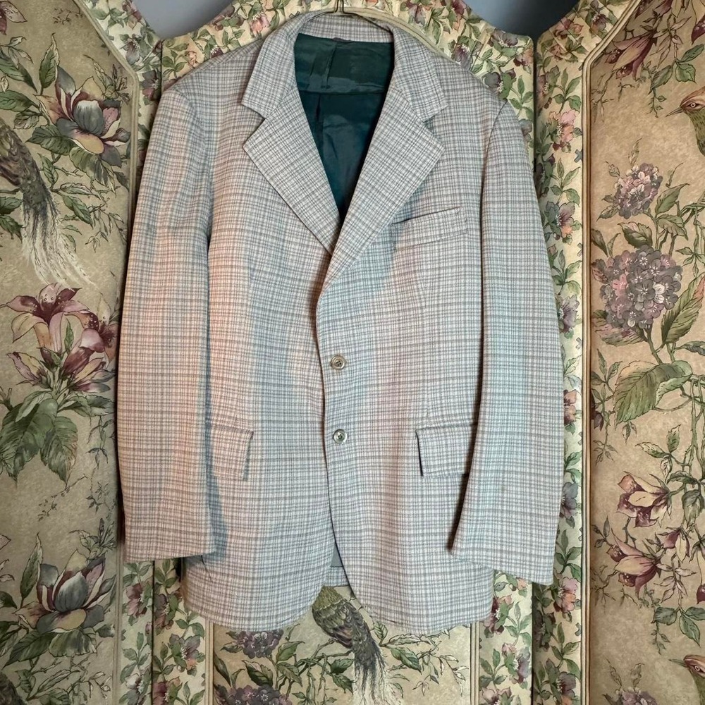 Vintage Mens Blue Plaid Suit Retro 2 Piece Blazer Trousers Set Blue Grey
